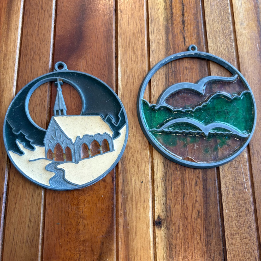 Vintage Rustic Church and Landscape Ornament Pair
